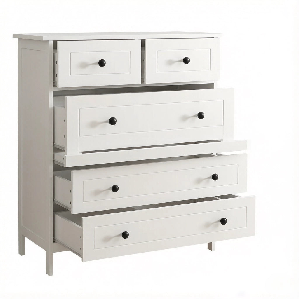Cassettiera con 5 cassetti in MDF e pannelli truciolari bianca con protezione antiribaltamento 74 × 40 × 91 cm