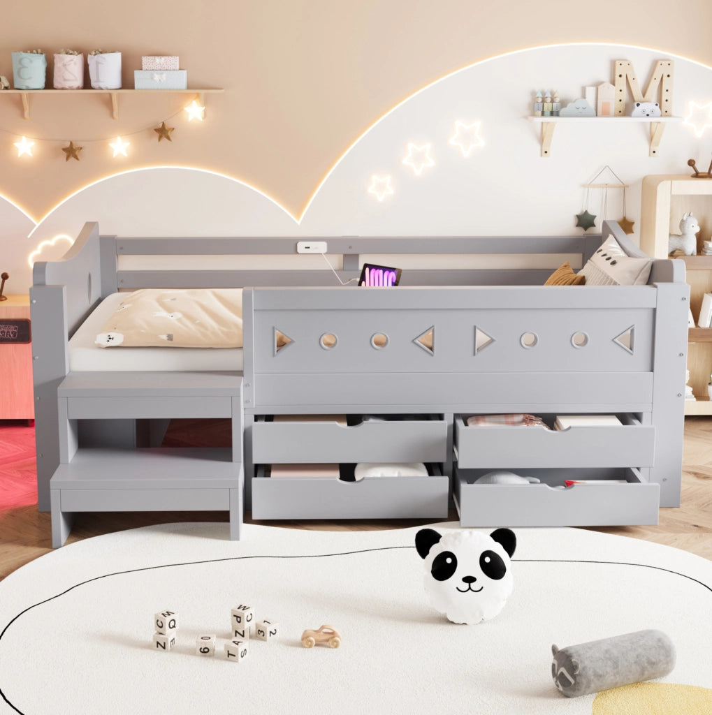 Letto singolo per bambini 90x200 cm con 4 cassetti; LED; USB e Type-C; grigio