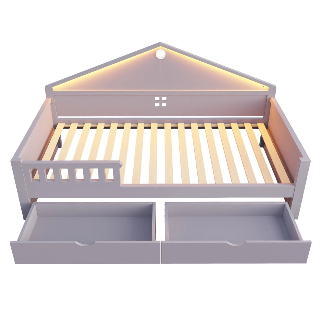 Letto singolo 90x200 cm in legno con cassetti e illuminazione LED controllabile via smartphone, grigio