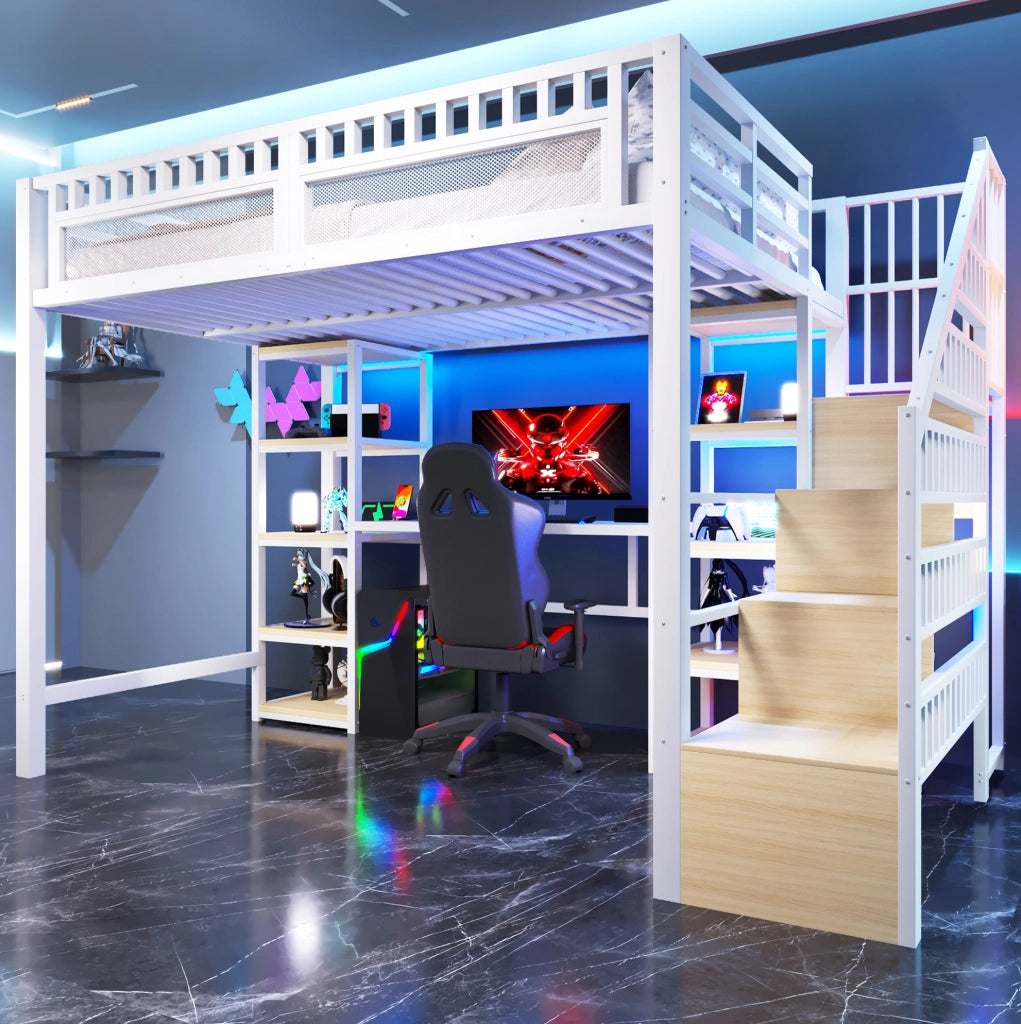 Letto a soppalco 140x200 cm con scrivania; scala contenitore; LED e USB bianco HOMVRA