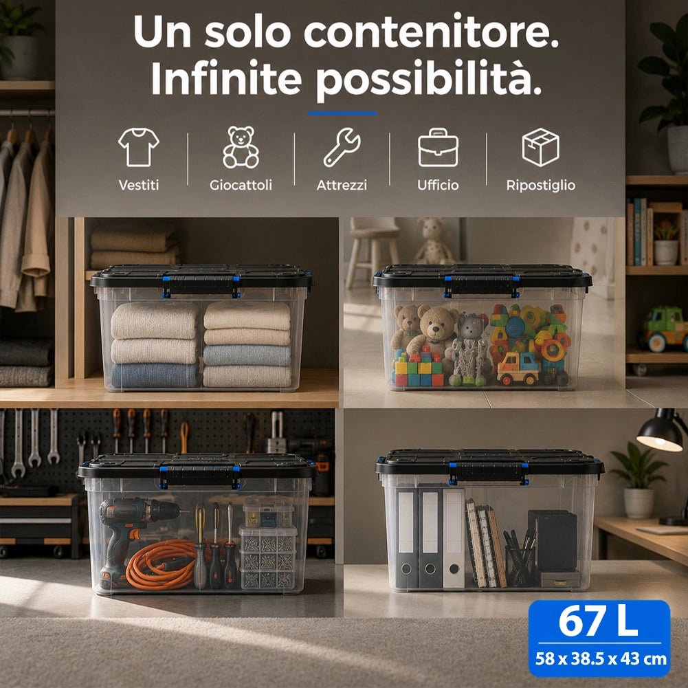 Set 4 Pezzi Contenitori con Coperchio Storage Box Solid Cargo 67L 58x38.5x43 cm
