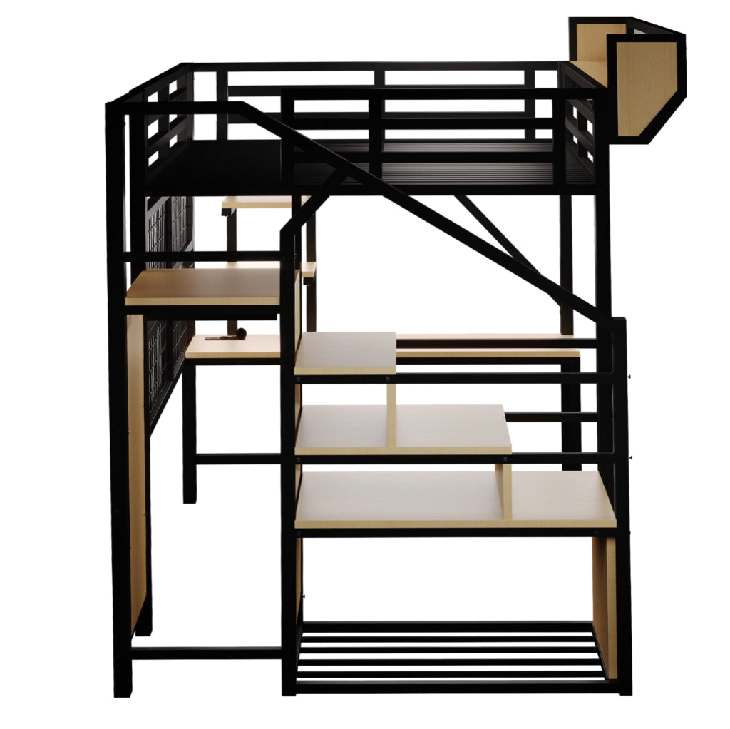 Letto a soppalco 140x200 nero in metallo con scrivania, LED e prese