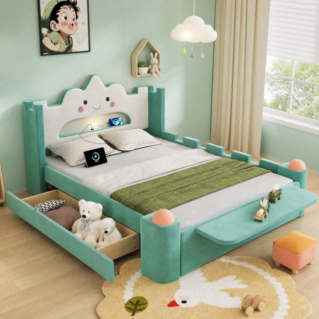 Letto per bambini imbottito 140 × 200 cm con lampada LED USB cassetto reversibile e ripiano pieghevole blu verde