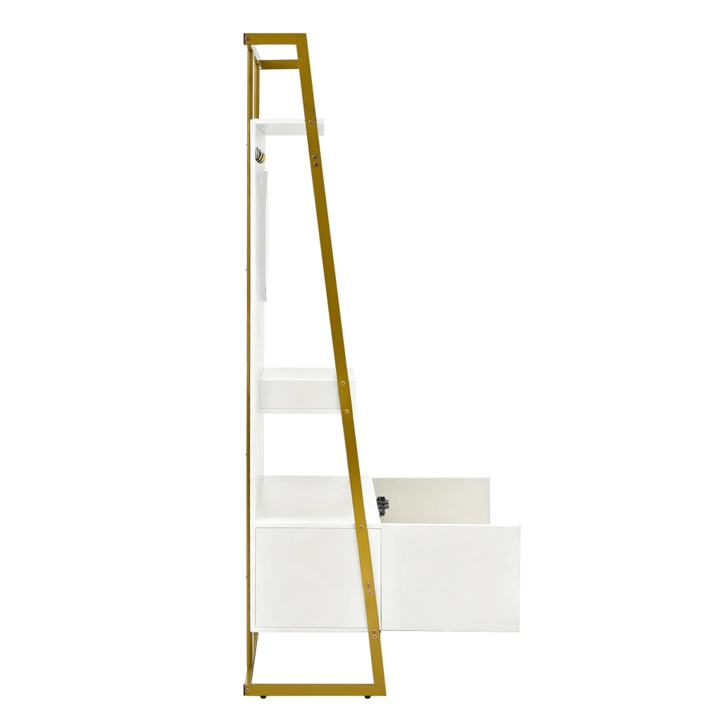 Garderoba compatta bianca con specchio, appendiabiti in metallo e vano porta scarpe, design minimalista per ingresso