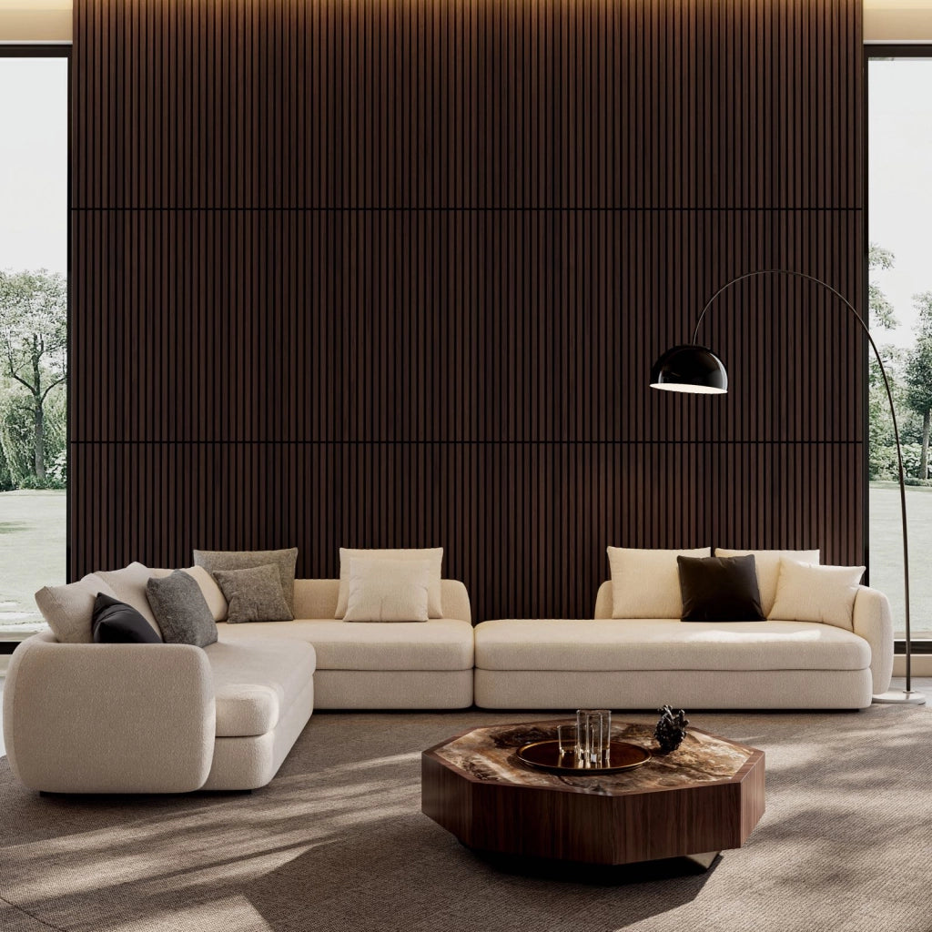 Pannello acustico a doghe 3D 4 pezzi in MDF e fibra di poliestere color noce per pareti e soffitti 120 × 60 cm