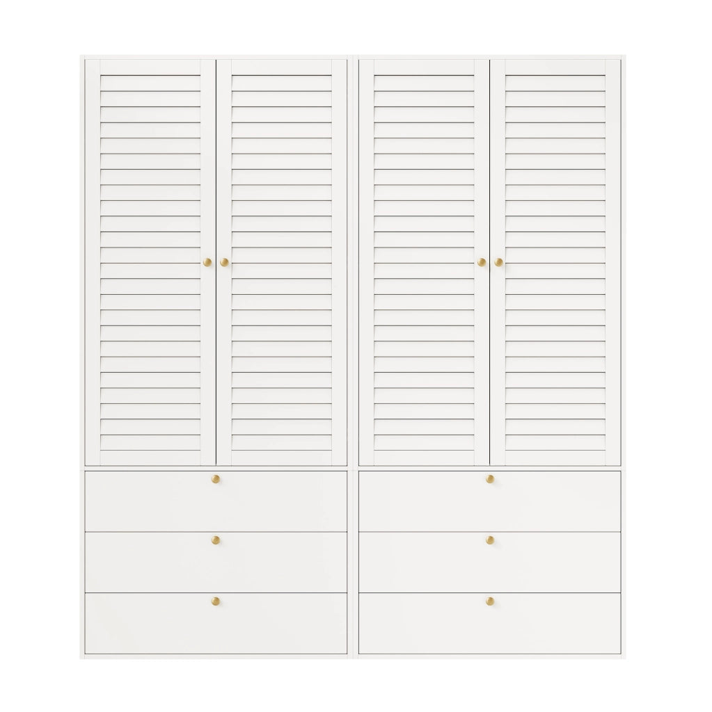 Armadio a 4 Ante con Persiane Bianche 180x50x200 cm con 2 Bastoni Appendiabiti e 6 Cassetti