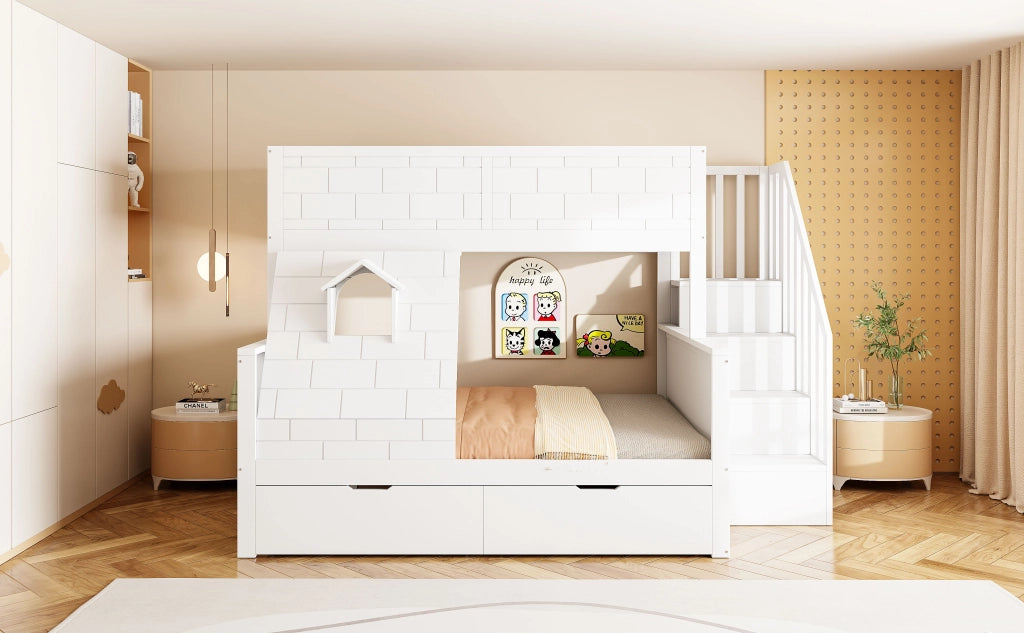 Letto a castello con scala di sicurezza cassetti e finestra legno bianco 90x200 140x200 cm