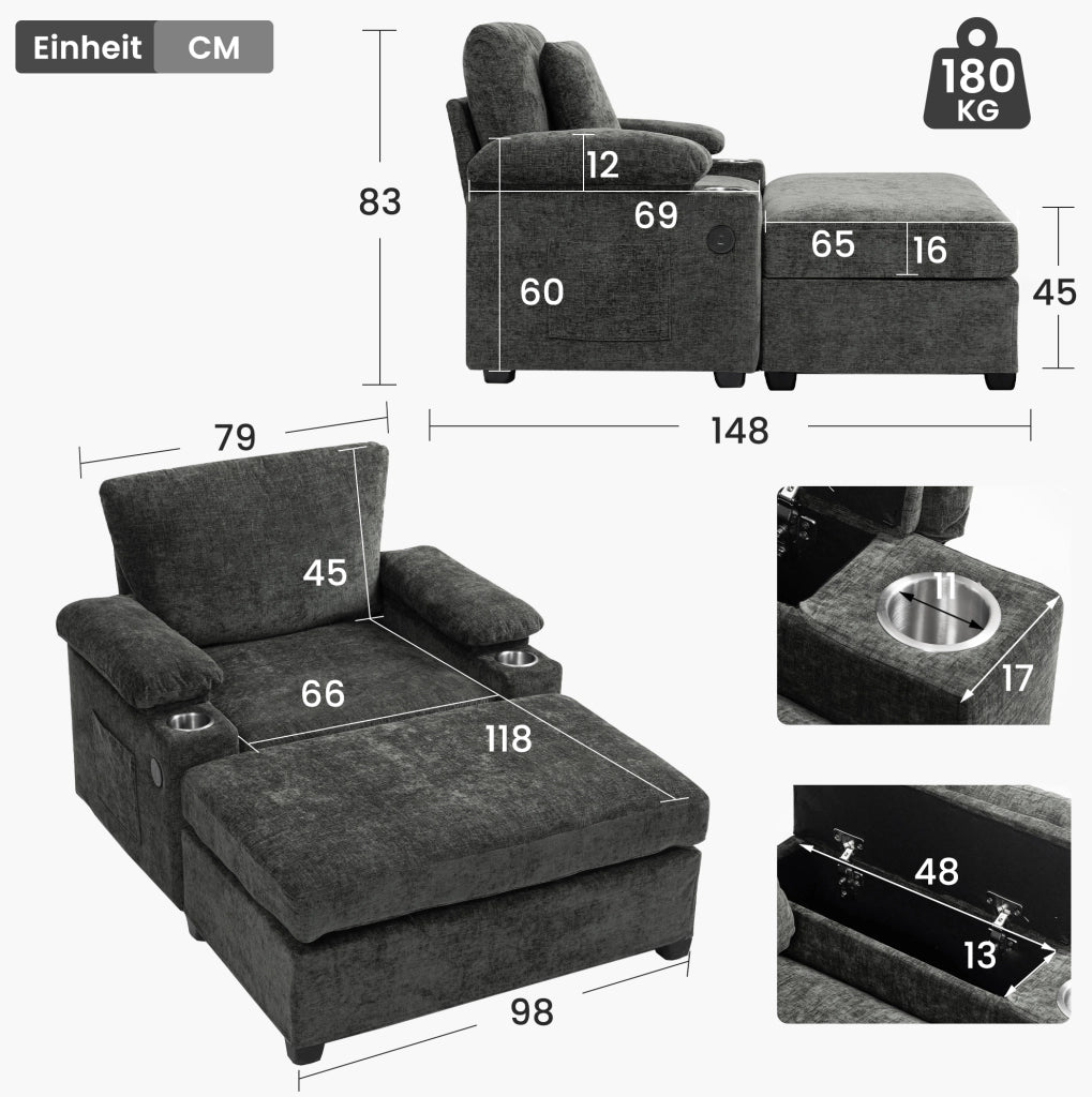 Chaise longue trasformabile ULEVR con pouf, USB, vani nei braccioli e portabevande, ciniglia grigio scuro
