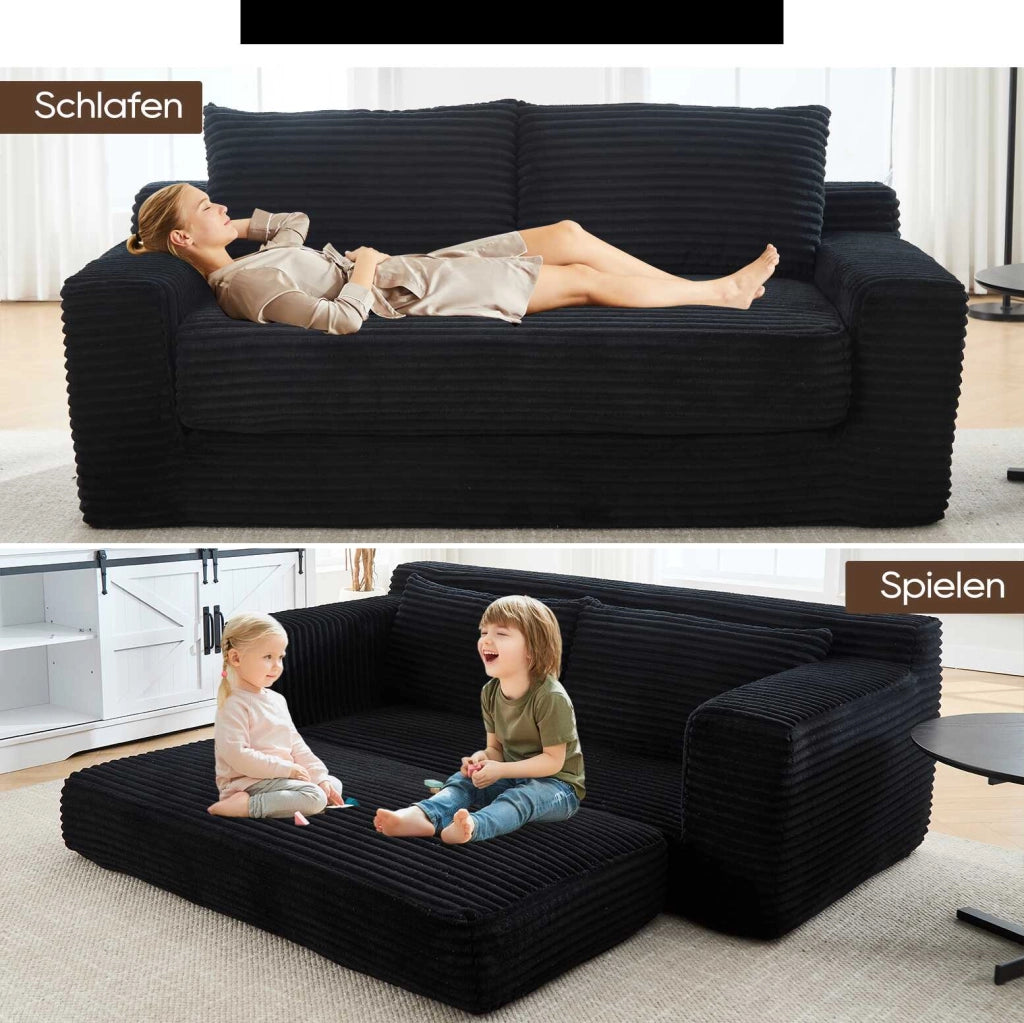 Divano Letto 2 Posti 2 in 1 in Velluto a Coste con Memory Foam; Senza Montaggio; Nero