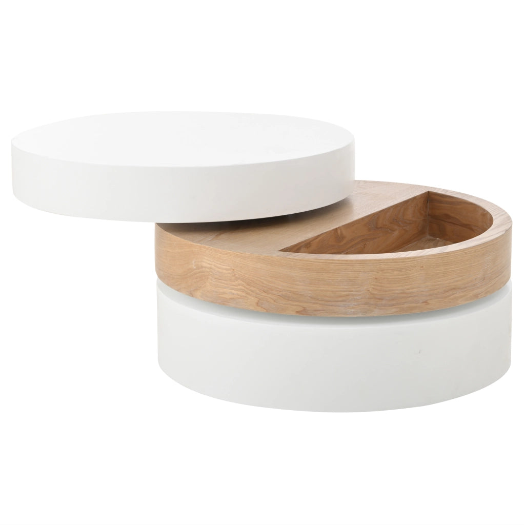 Tavolino da salotto rotondo girevole 360° 60x60 cm con vano contenitore bianco e legno naturale HOMVRA