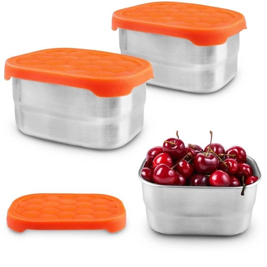 Scatola snack 3 pezzi con coperchio in silicone, scatola per snack in acciaio inossidabile, scatola per snack impermeabile, piccola per snacks, dips, insalata, erbe, scatola per snack riciclabile