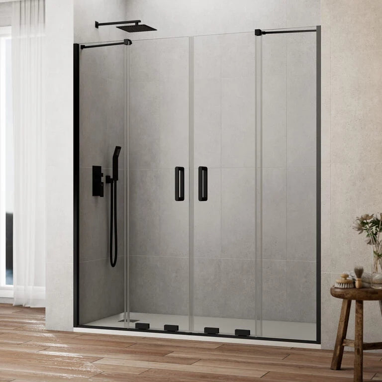 Box doccia frontale KENNA 2 fissi + 2 scorrevoli 160 cm (151-161) nero opaco vetro trasparente