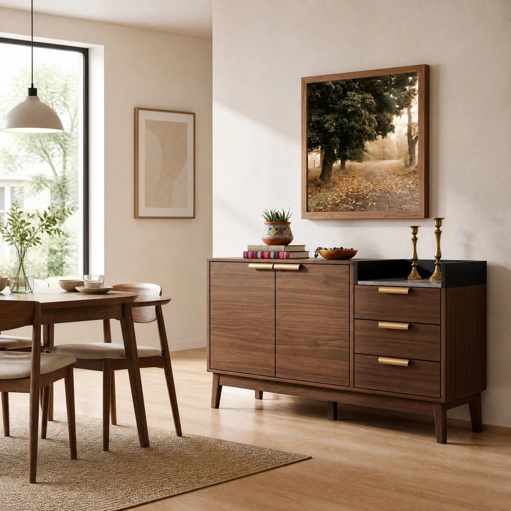 Credenza in effetto rovere con piano effetto marmo; 120x40x77 cm; marrone scuro