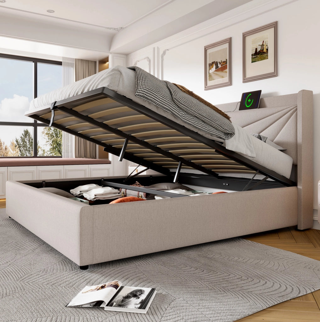 Letto matrimoniale contenitore 160x200 cm in cotone e lino beige con USB e Tipo C