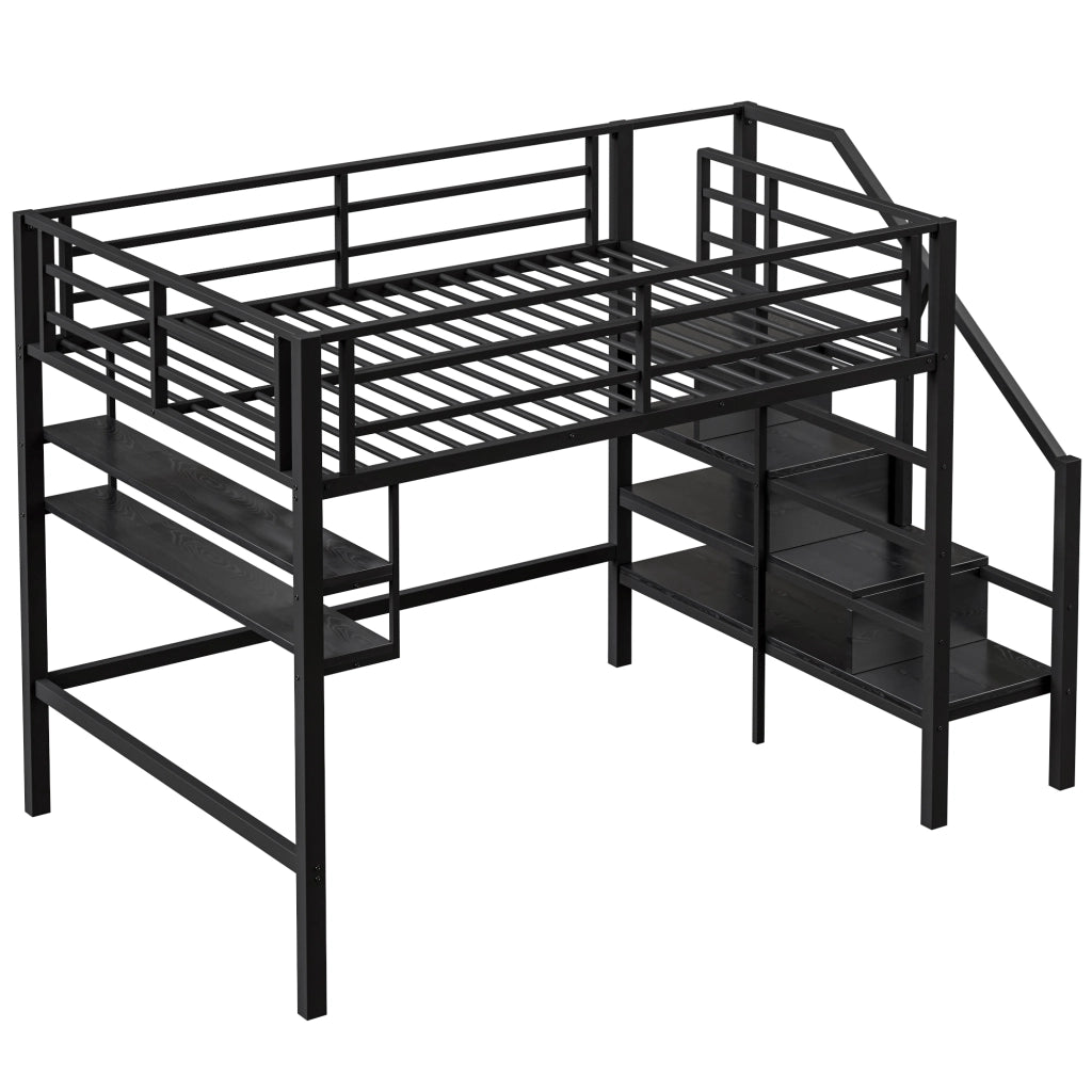 Letto a Soppalco 140x200 cm in metallo con Ripiani Nero