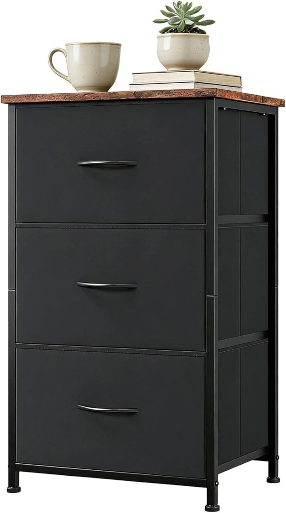 Cassettiera 3 Cassetti in Tessuto con Piano in Legno Mobiletto Salvaspazio 40x30x75cm Marrone e Nero