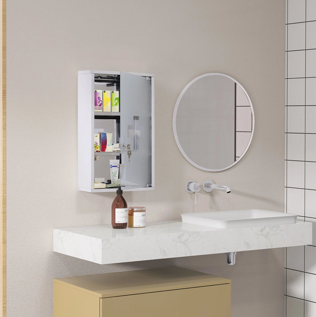 Armadio Medicina in Acciaio Inox con Serratura, 30x12x60 cm, Porta in Vetro Satinato con Croce di Primo Soccorso
