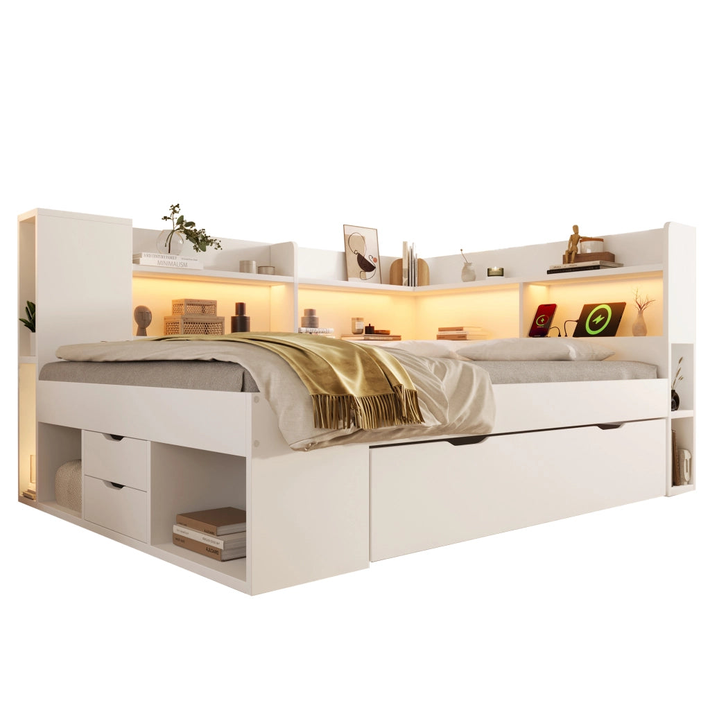 Letto Matrimoniale 140x200 cm Bianco in Legno con Cassetti; Mensole; Prese USB e Illuminazione LED
