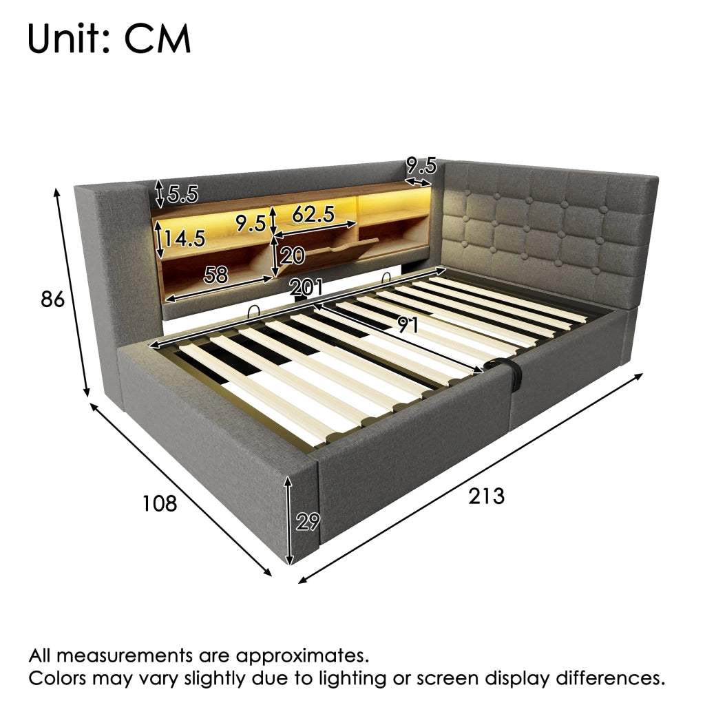 Letto Imbottito Singolo con LED e Contenitore Idraulico ¨C MINIMAL ¨C Testiera L, Tessuto Grigio, 90x200