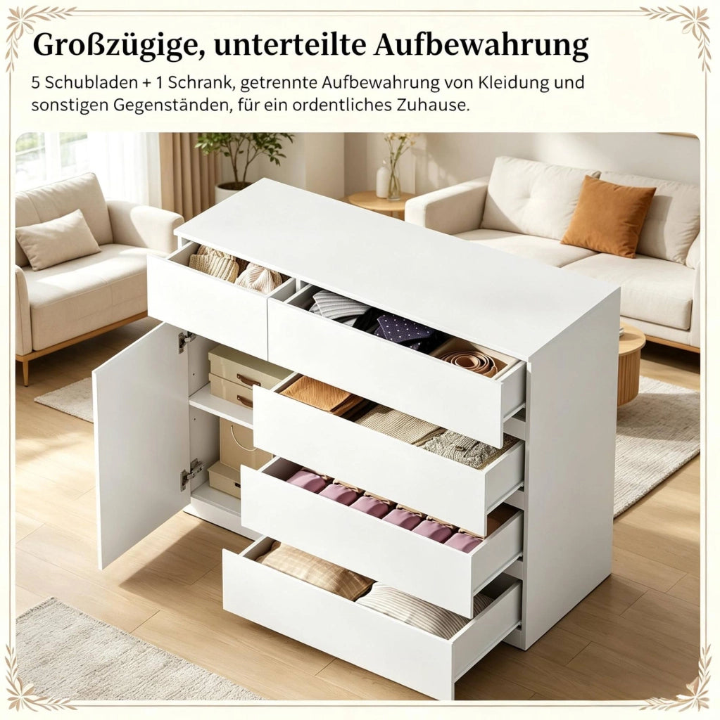 Mobile contenitore bianco moderno con 5 cassetti e armadio, 100x40x80 cm
