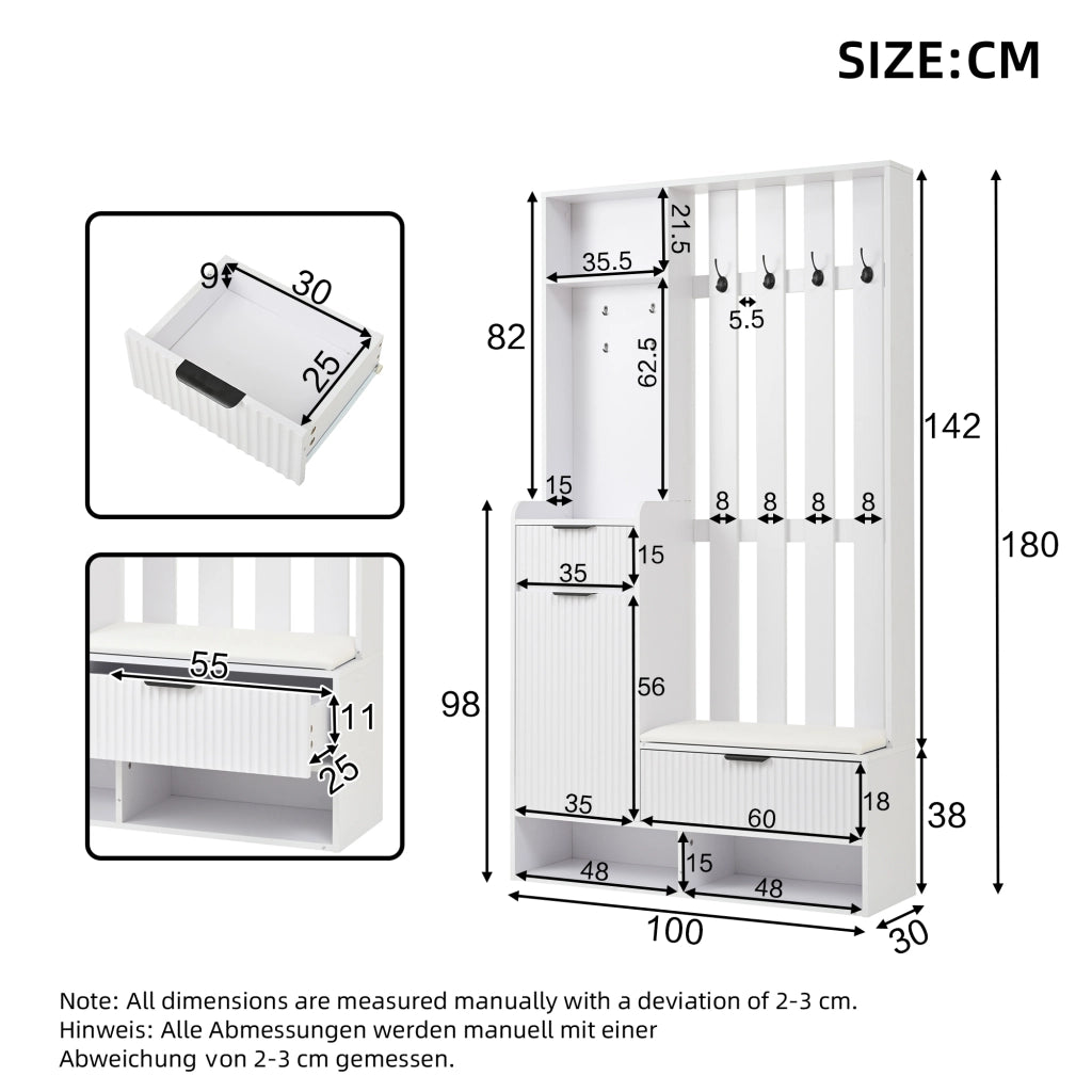 Set di mobili da ingresso con 8 ganci; panca con cuscino PU; 2 cassetti e vani aperti bianco 100 × 30 × 180 cm