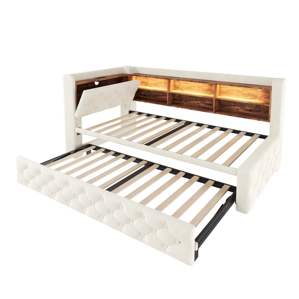 Letto divano estraibile 90 × 190 cm 1 posto con LED, USB, Type-C e vano nel bracciolo, senza materasso, velluto, beige