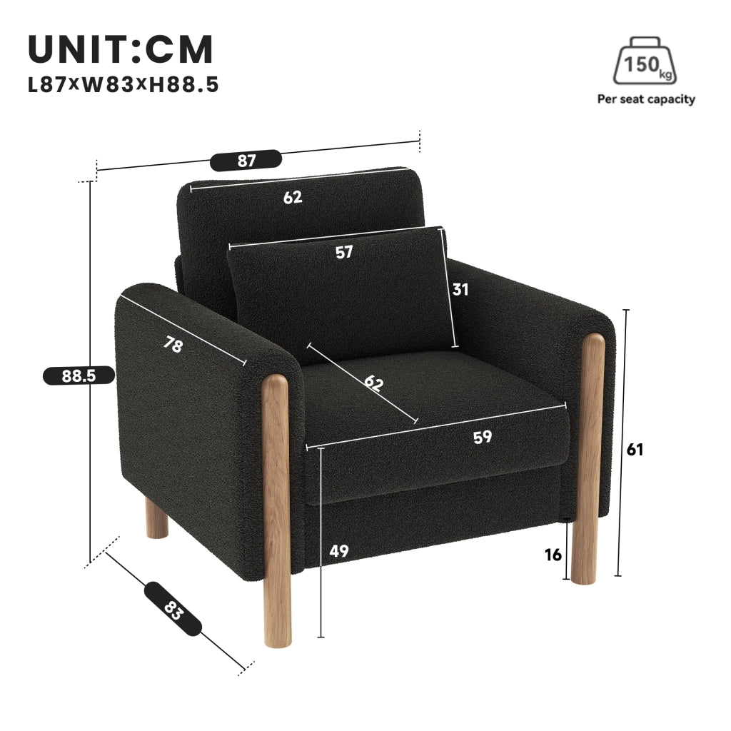 Poltrona lounge 87x83x88,5 cm con cuscini in tessuto teddy grigio scuro