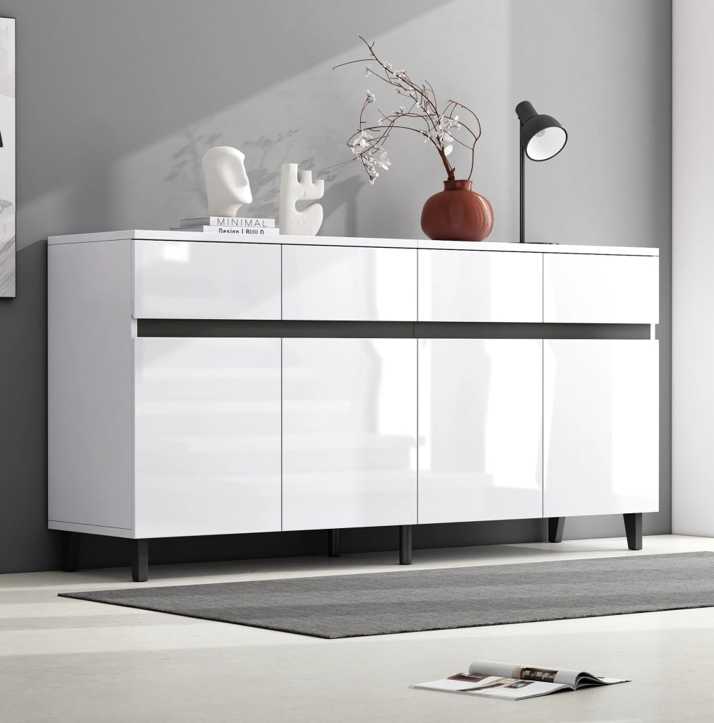 Sideboard bianco lucido con 4 cassetti e 2 ante