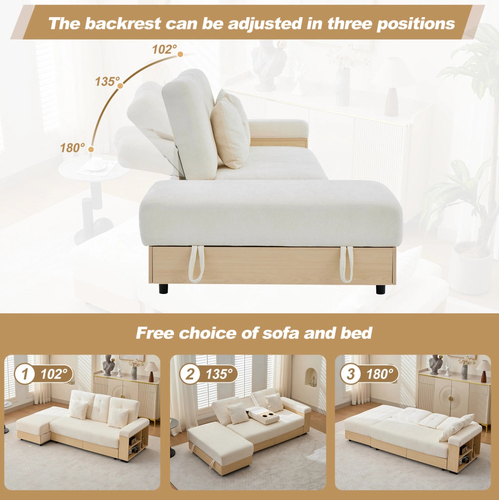 Divano letto ULEVR 217 cm con schienale regolabile, 2 cassetti e pouf contenitore, in chenille beige