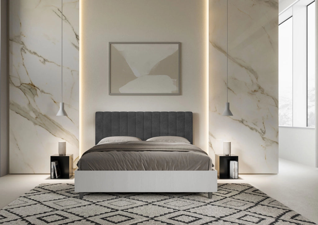 BS COM Letto matrimoniale con rete 160x200 bianco frassino testata microfibra grigio