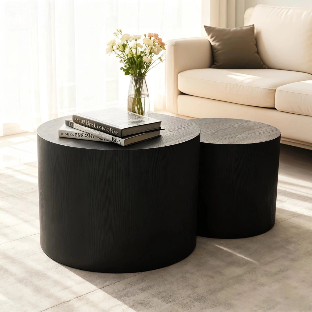 Tavolini da salotto impilabili rotondi set 2 pezzi con piedini antiscivolo, in MDF nero, per soggiorno e camera