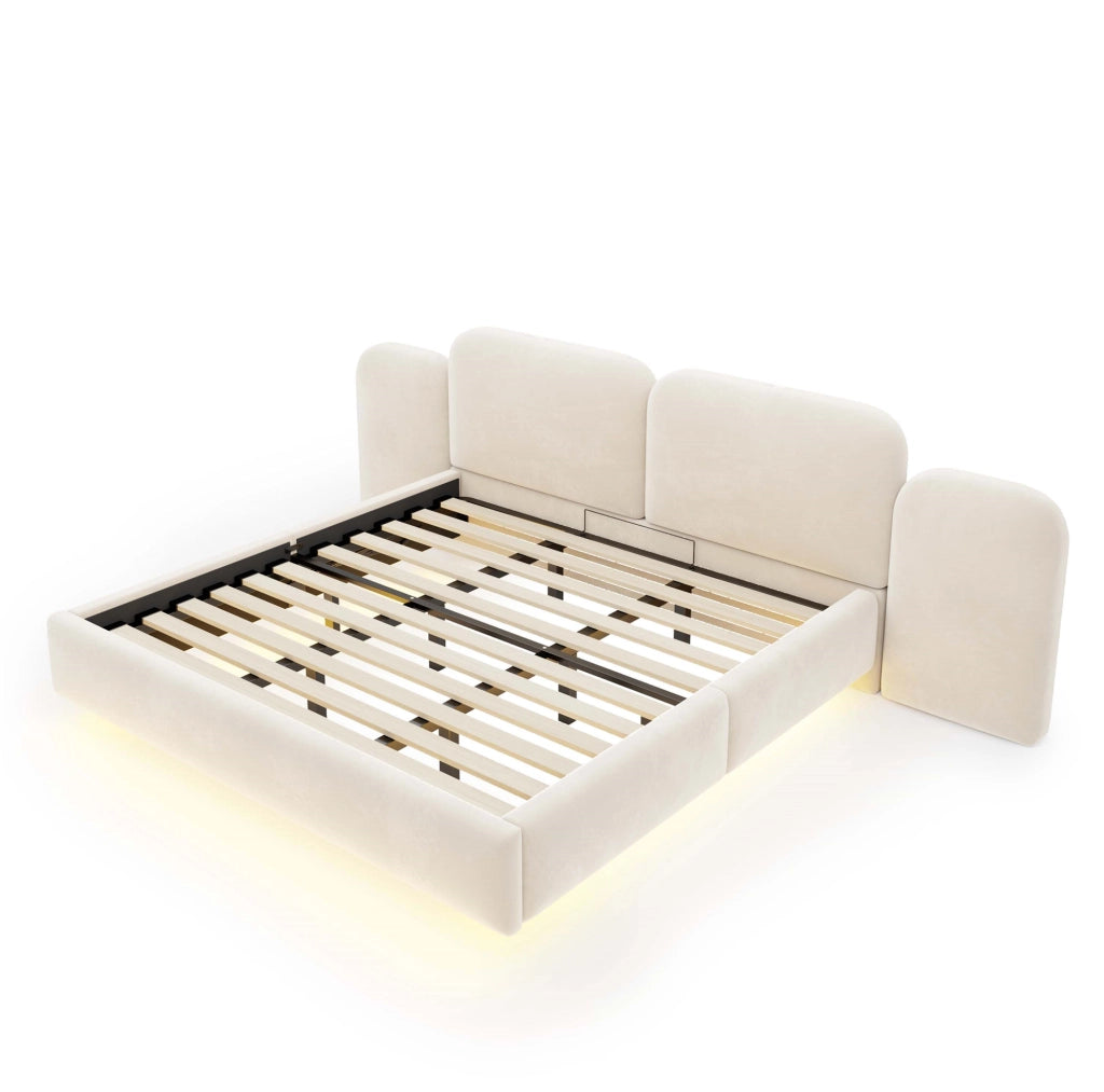 Letto matrimoniale contenitore 180x200 cm in velluto beige con LED RGB e prese USB-C HOMVRA
