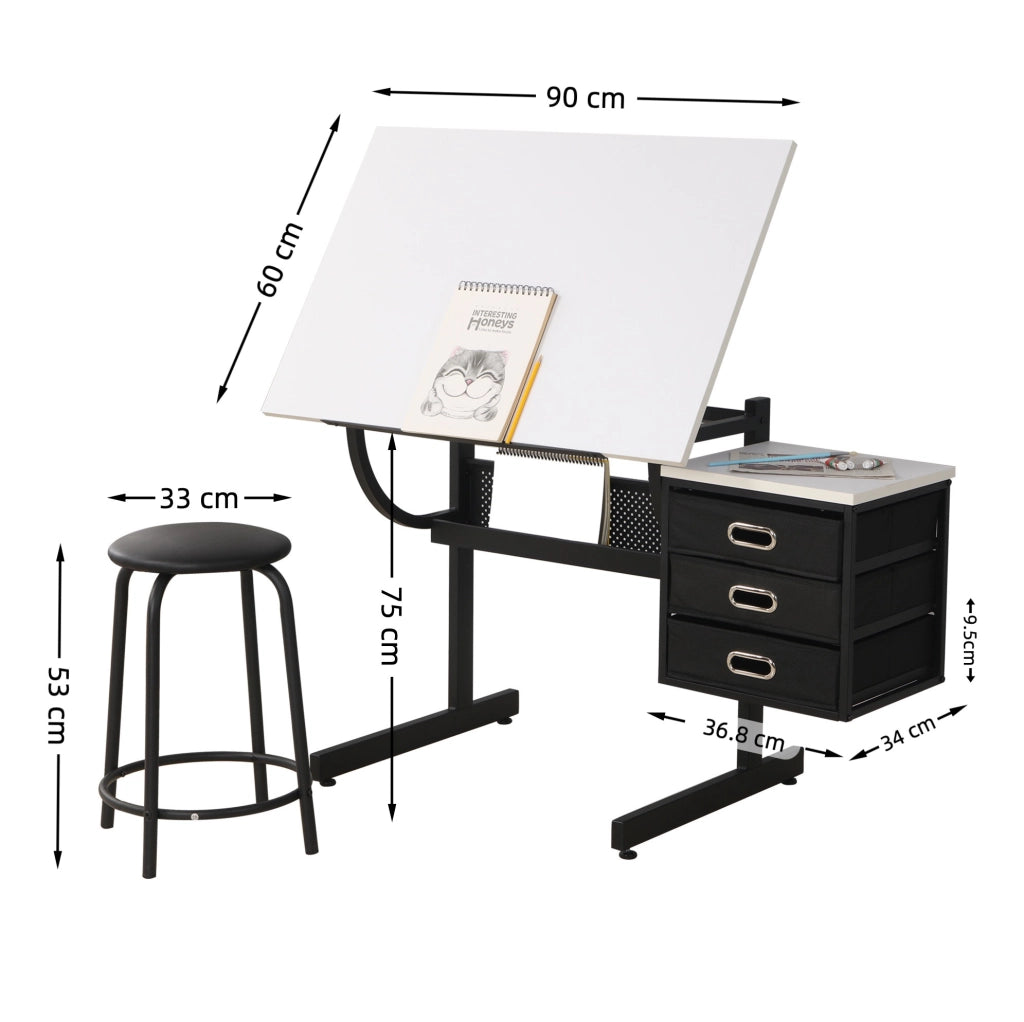 TAVOLO da Disegno 90x60 cm Regolabile Bianco con Sgabello e 3 Cassetti