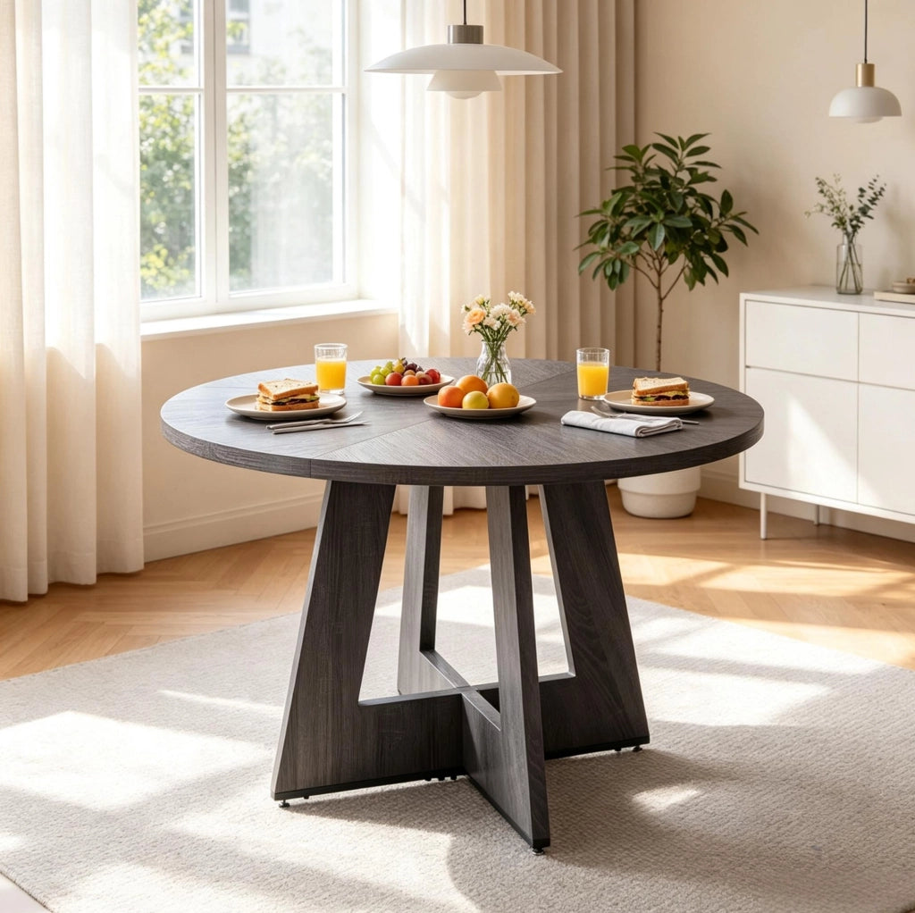 Tavolo da pranzo rotondo in legno massello Ø 120 cm, stile industriale, per 4-6 persone