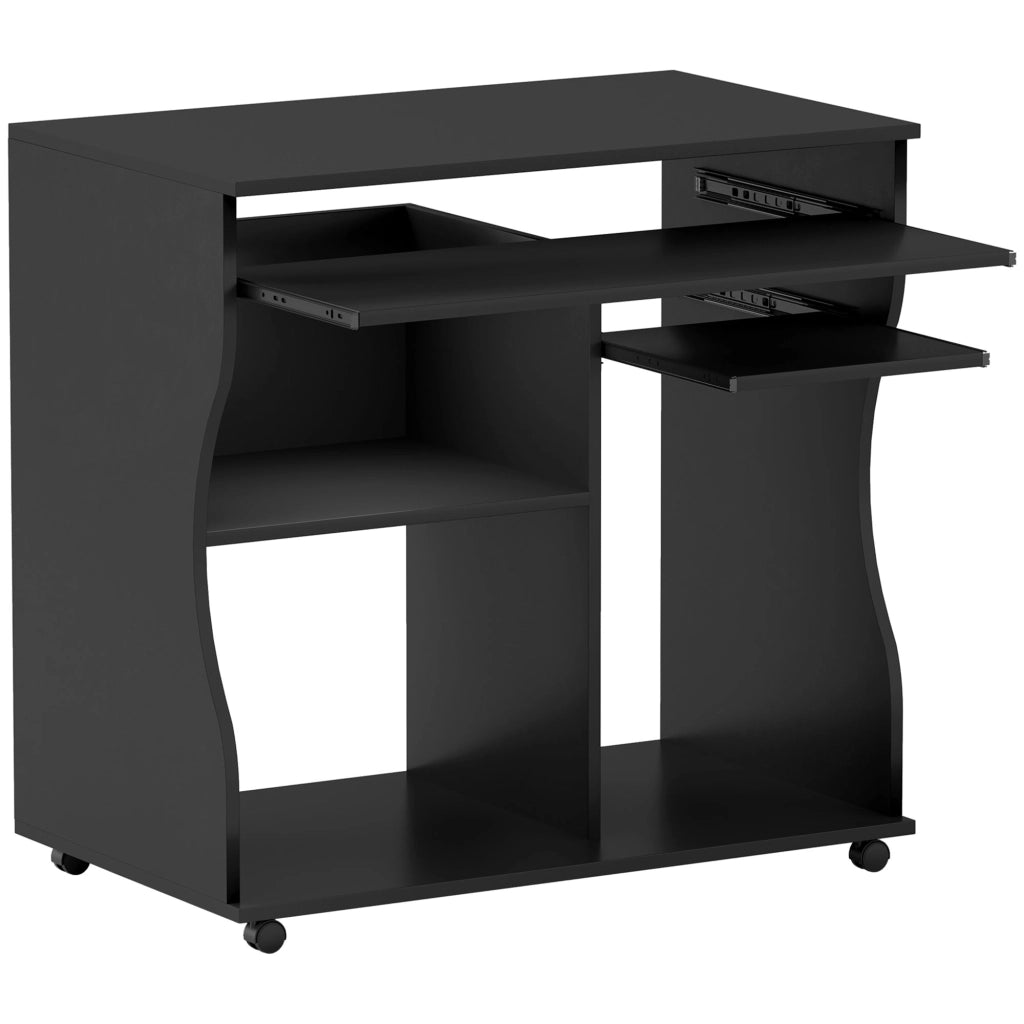 Scrivania dritta per computer con ruote e ripiano per tastiera in pannelli PB nera 80 × 48 × 75 cm