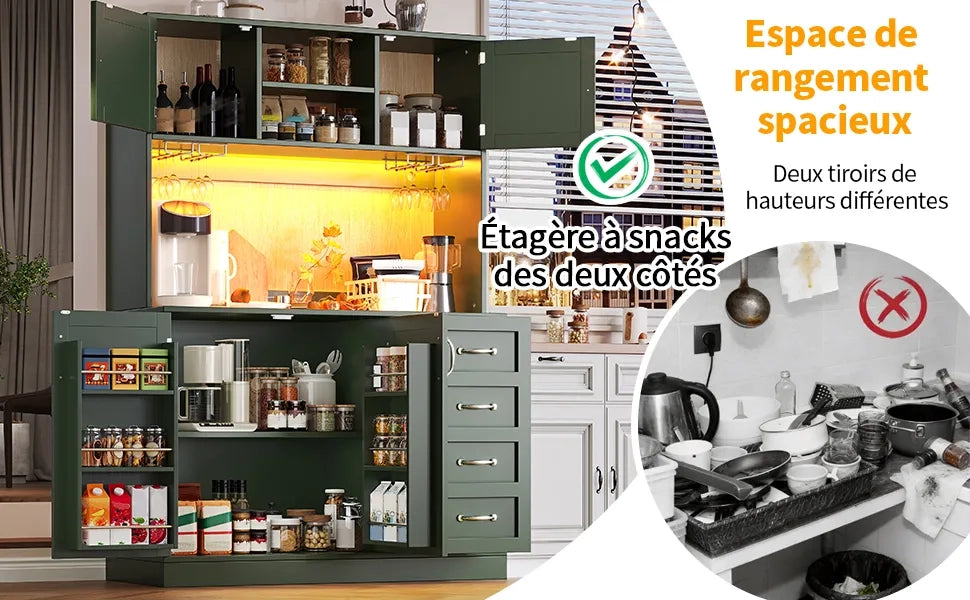 Mobile contenitore 120x40x188 cm, 4 ante e 2 grandi cassetti, illuminazione LED, ripiano snack e portabottiglie, verde/nero/bianco