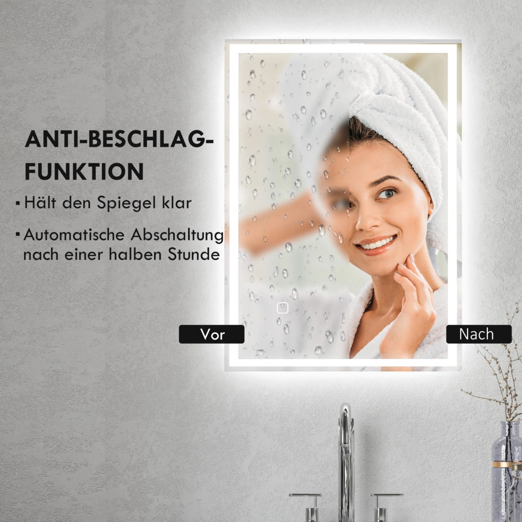 Specchio da bagno LED con interruttore touch, bianco, montaggio orizzontale o verticale