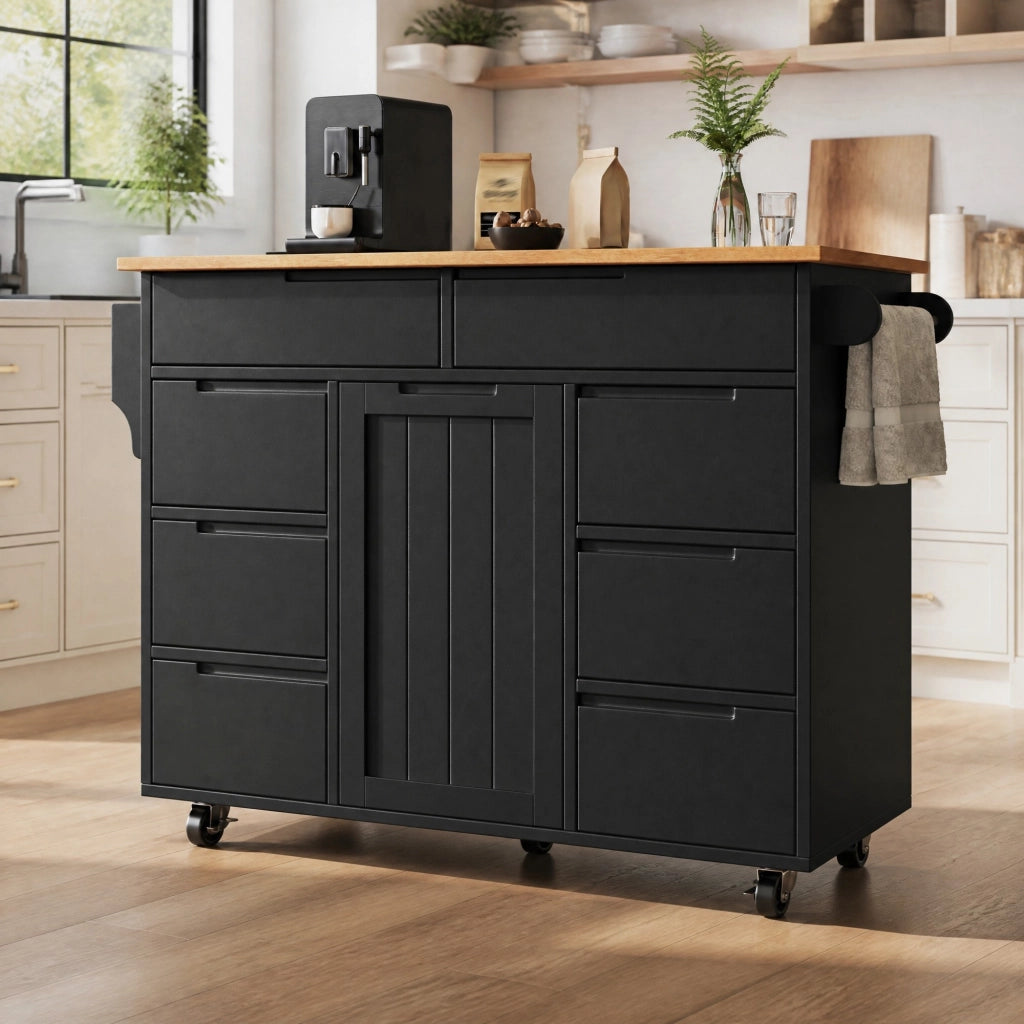 Carrello da cucina con piano ribaltabile 8 cassetti e ruote bloccabili in MDF nero 122 × 46 × 91.5 cm