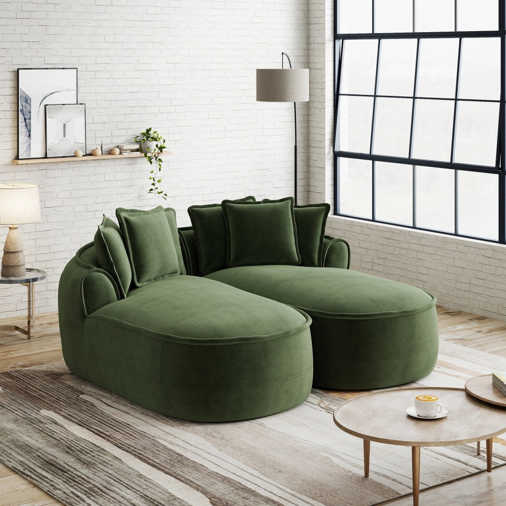Divano modulare trasformabile con chaise longue profonda e cuscini, design senza struttura in ciniglia verde