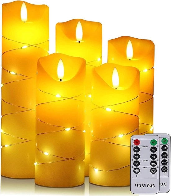 Set di 5 candele LED senza fiamma con stella e controllo a distanza – timer 24 ore – fiamma danzante – alimentazione a batterie (ivore)