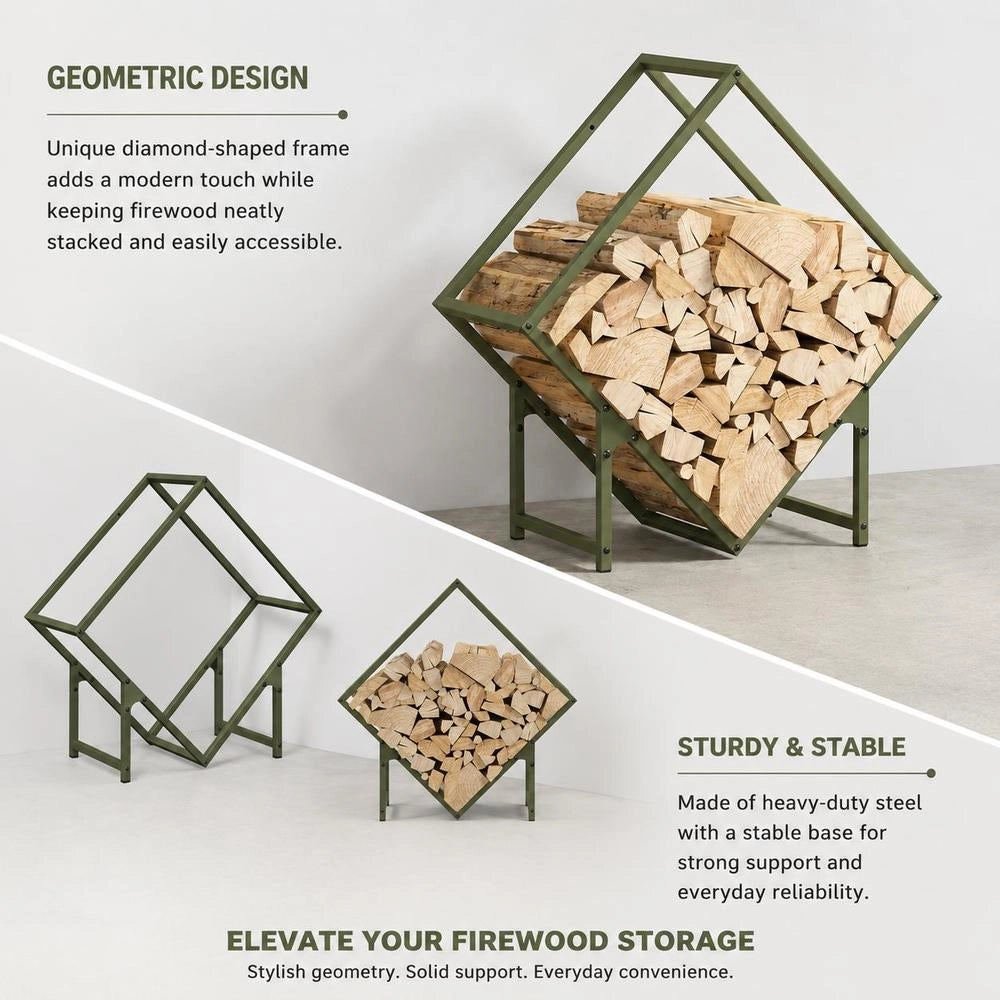 Porta legna verde oliva, 60x25x60 cm, in acciaio laminato a freddo – robusto e resistente, ideale per esterni, giardino e camino, pratico e durevole