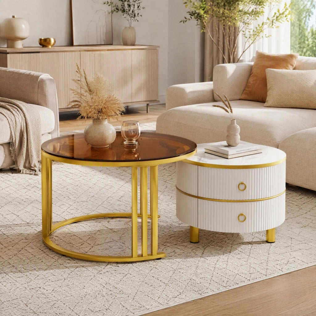 Set di 2 tavolini rotondi con 2 cassetti, bianco e oro