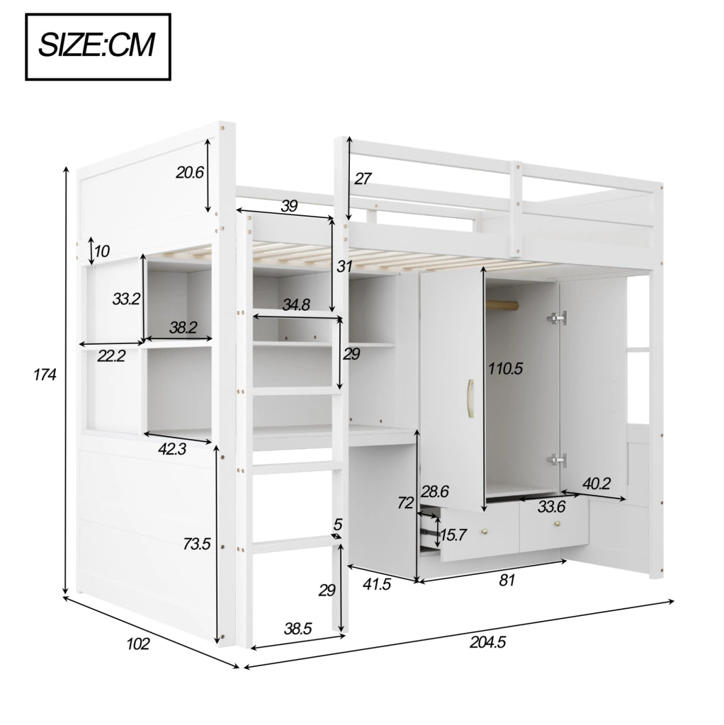 Letto a soppalco 90x200 cm con scrivania, armadio e cassetti in pino bianco