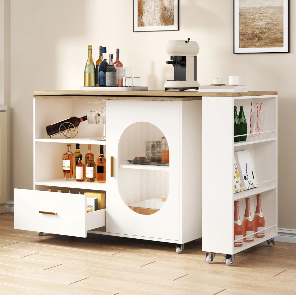 Isola cucina mobile con piano girevole 360° 120-180x60x90 cm; MDF naturale e bianco