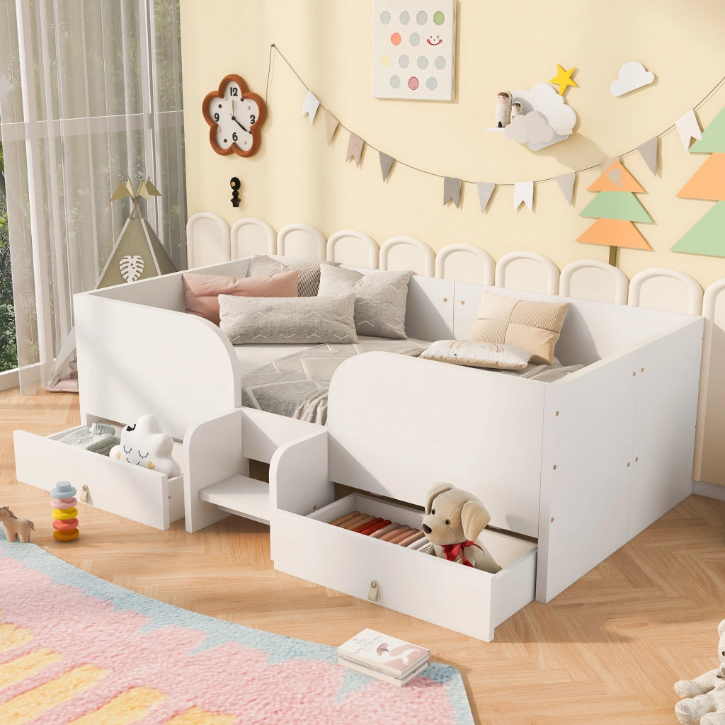 Letto con cassetti 90 × 200 cm con due grandi cassetti; sponde alte e scaletta; in MDF e compensato bianco