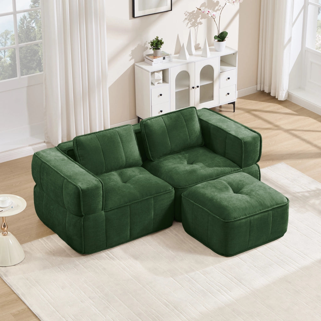 Divano angolare modulare 2 posti con pouf, seduta profonda e base antiscivolo in poliestere verde