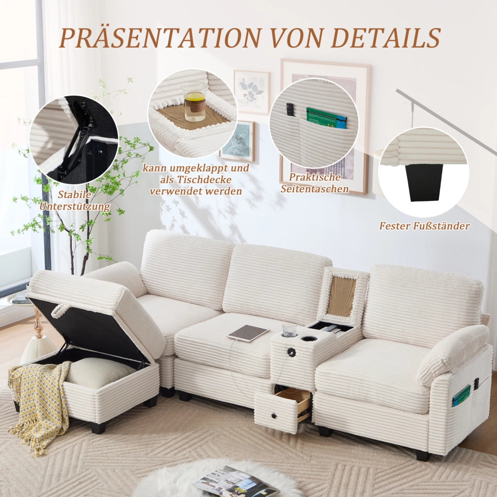 Divano beige in velluto a coste con console scorrevole; USB-C e pouf contenitore – 266 × 136 × 82 cm