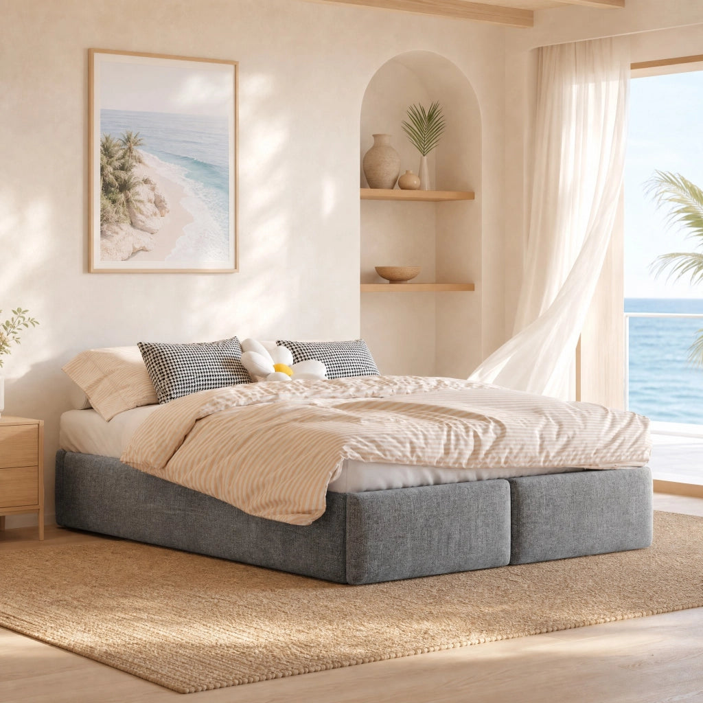 Letto contenitore 140 × 200 cm con sollevamento idraulico e 2 cassetti rivestito in tessuto grigio