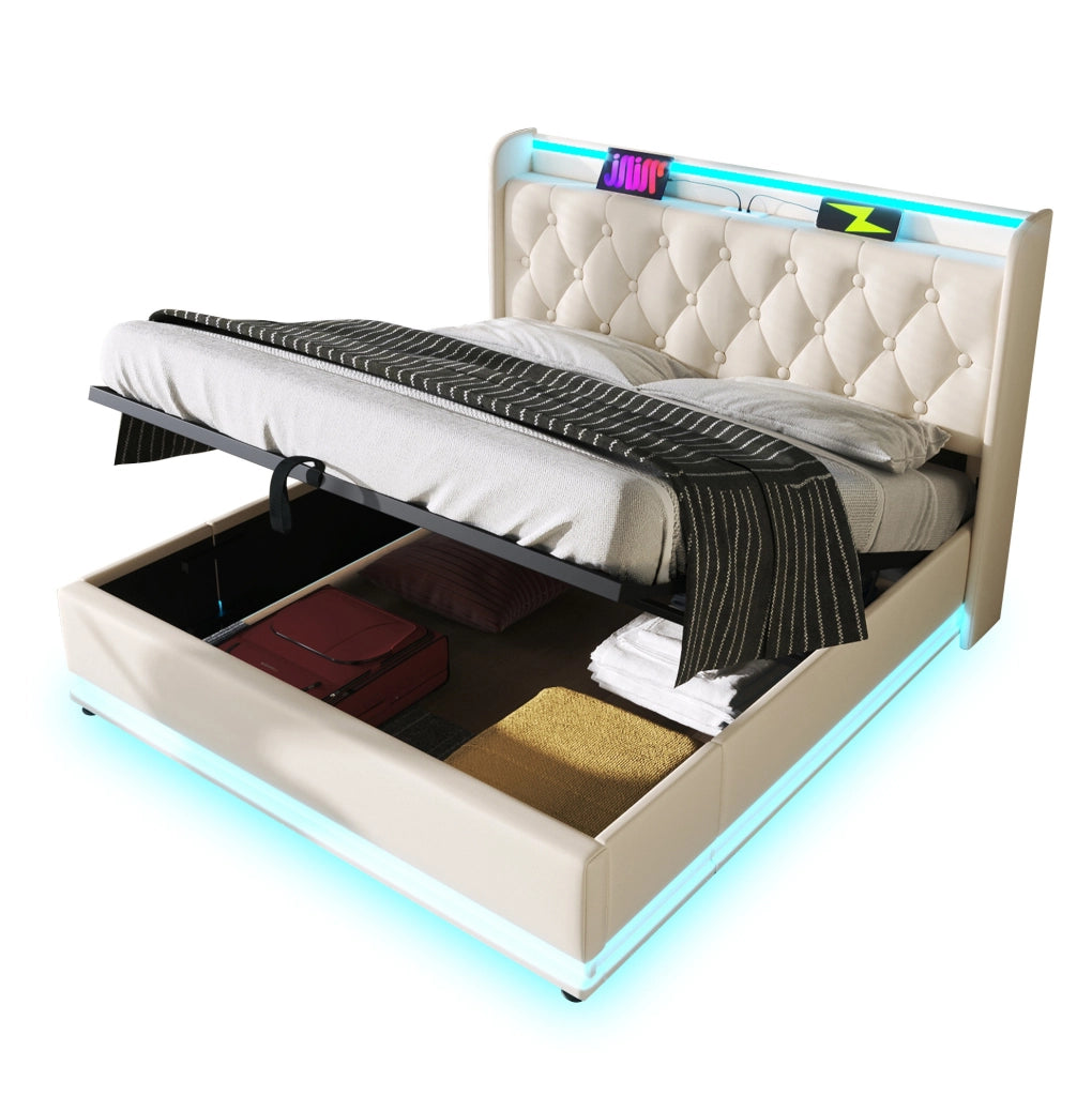 Letto matrimoniale 140x200 cm con contenitore idraulico, LED 360Â° e rivestimento in PU bianco