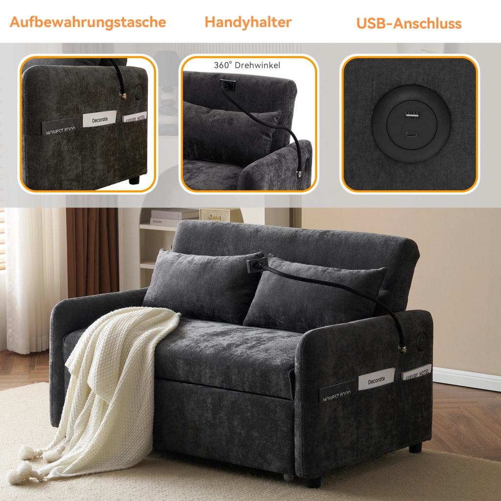 OKWISH Divano Letto 2 Posti, Schienale Regolabile a 3 Posizioni con Porte USB, Supporto per Telefono e Tasche, Ciniglia Grigia